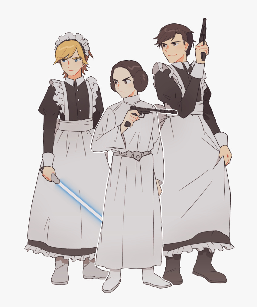 1girl, 2boys, alternate_costume, apron, bangs, black_dress, black_footwear, blonde_hair