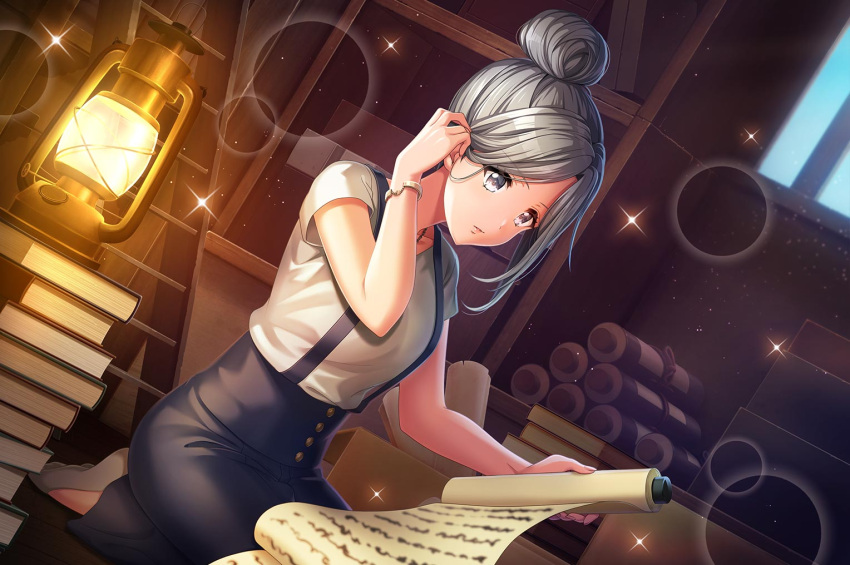 1girl, brown_eyes, d4dj, dress, grey_hair, long_hair, nijima_ibuki, official_art