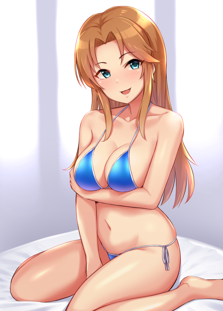 1girl, barefoot, bikini, blue_bikini, blue_eyes, breasts, collarbone, eyebrows_visible_through_hair, idolmaster, idolmaster_cinderella_girls, legs, long_hair, looking_at_viewer, matsumoto_sarina, medium_breasts, navel, open_mouth, orange_hair, side-tie_bikini, sitting, smile, solo, swimsuit, thighs, tomajiyama