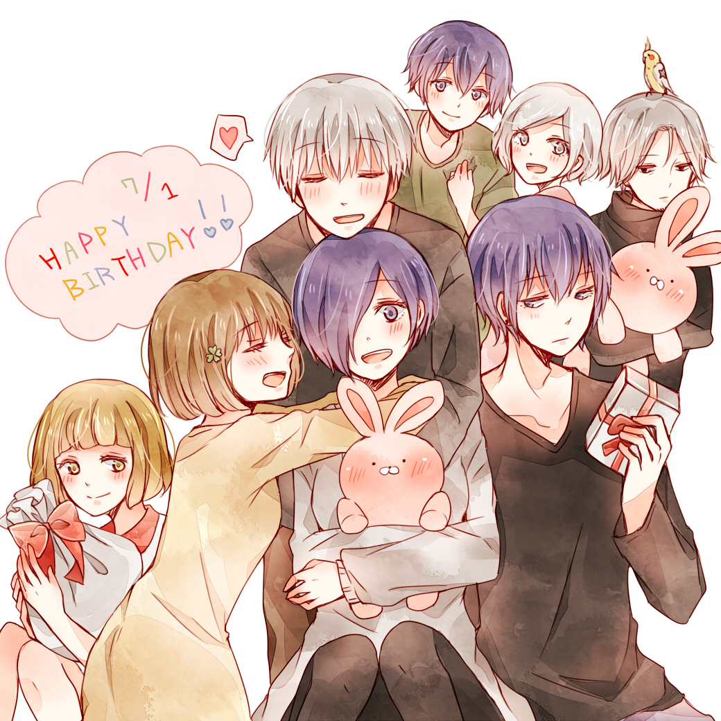 4boys, 4girls, :d, animal_on_head, bangs, bird, bird_on_head, black_shirt