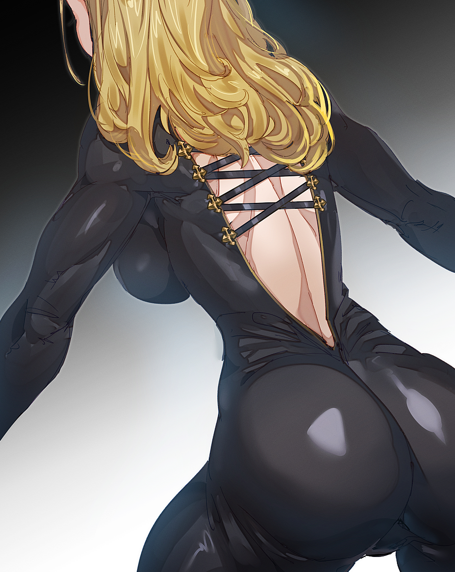 1girl, ass, black_bodysuit, blonde_hair, bodysuit, bow_(bhp), breasts, cowboy_shot