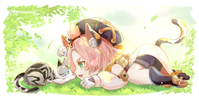 1girl, :3, :d, all_fours, animal_ears, ass, bangs_pinned_back, black_footwear