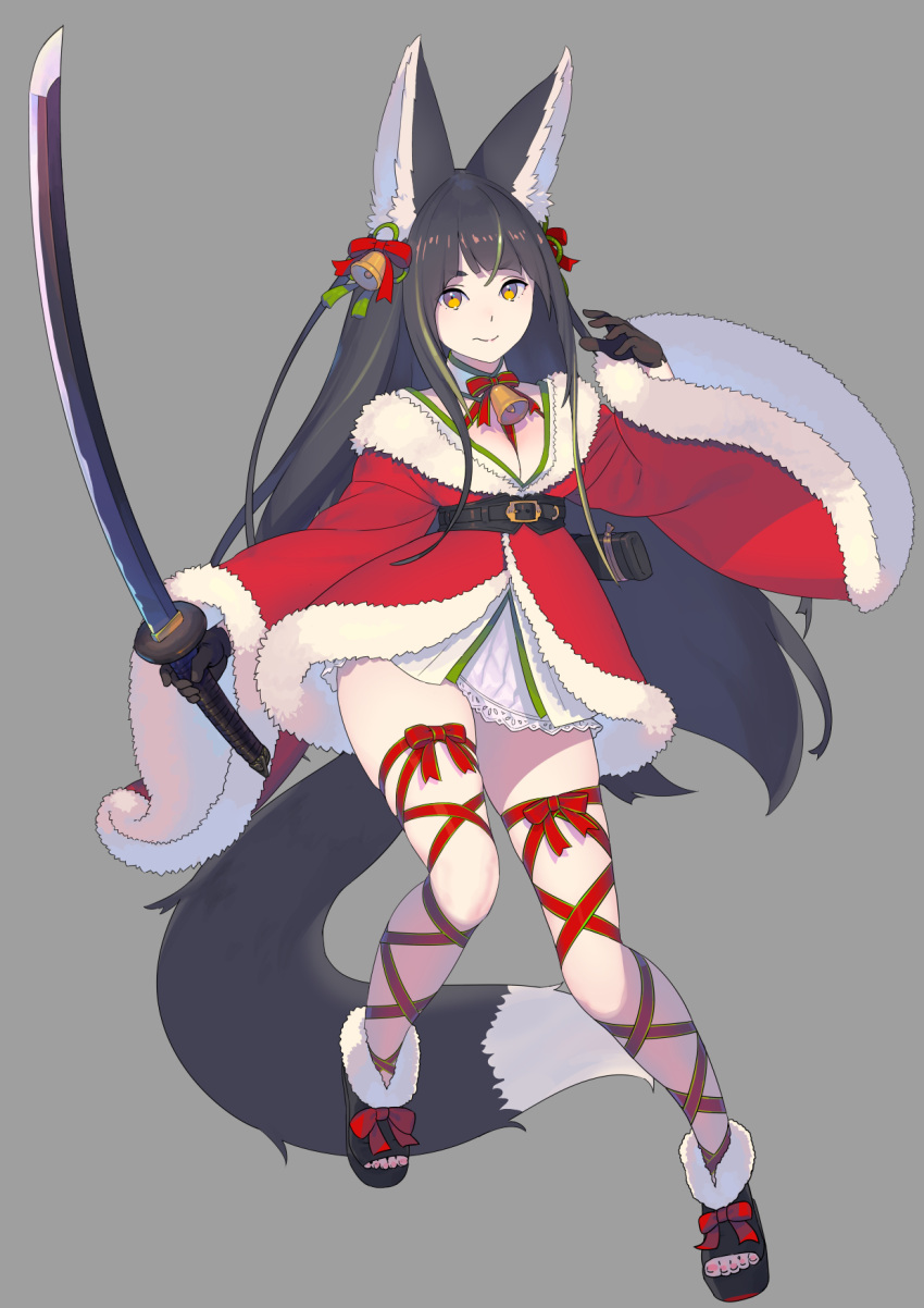 1girl, animal_ears, bell, belt, black_belt, black_gloves, black_hair, black_sash