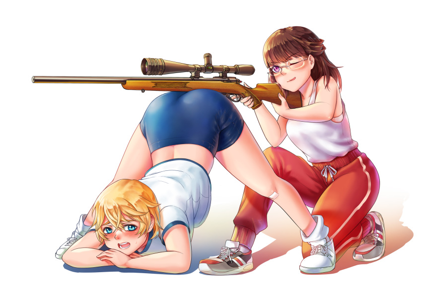 2girls, aiming, all_fours, anh_thuy, ass, blonde_hair, bloomers, blue_eyes