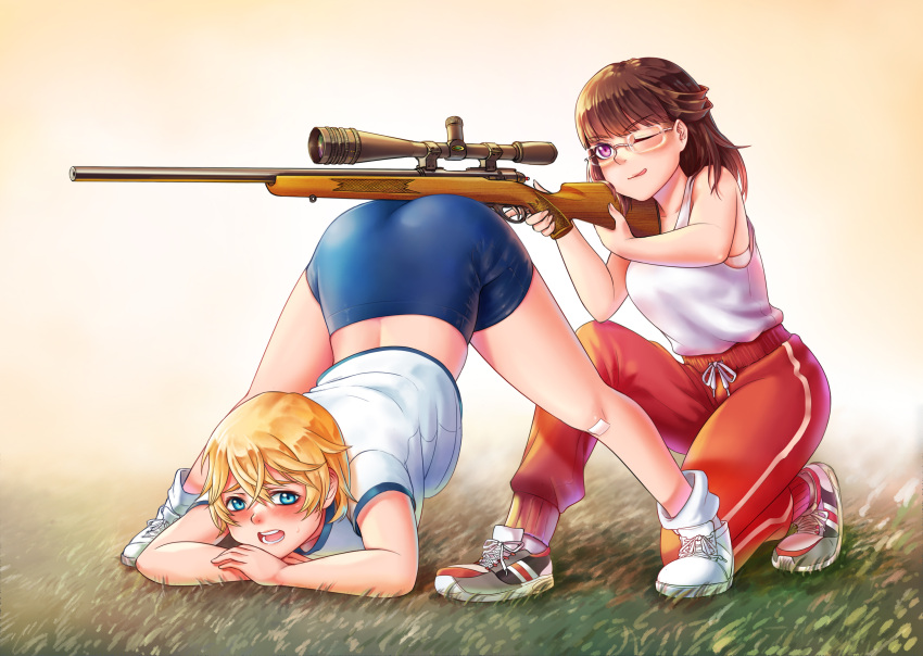 2girls, aiming, all_fours, anh_thuy, ass, blonde_hair, bloomers, blue_eyes