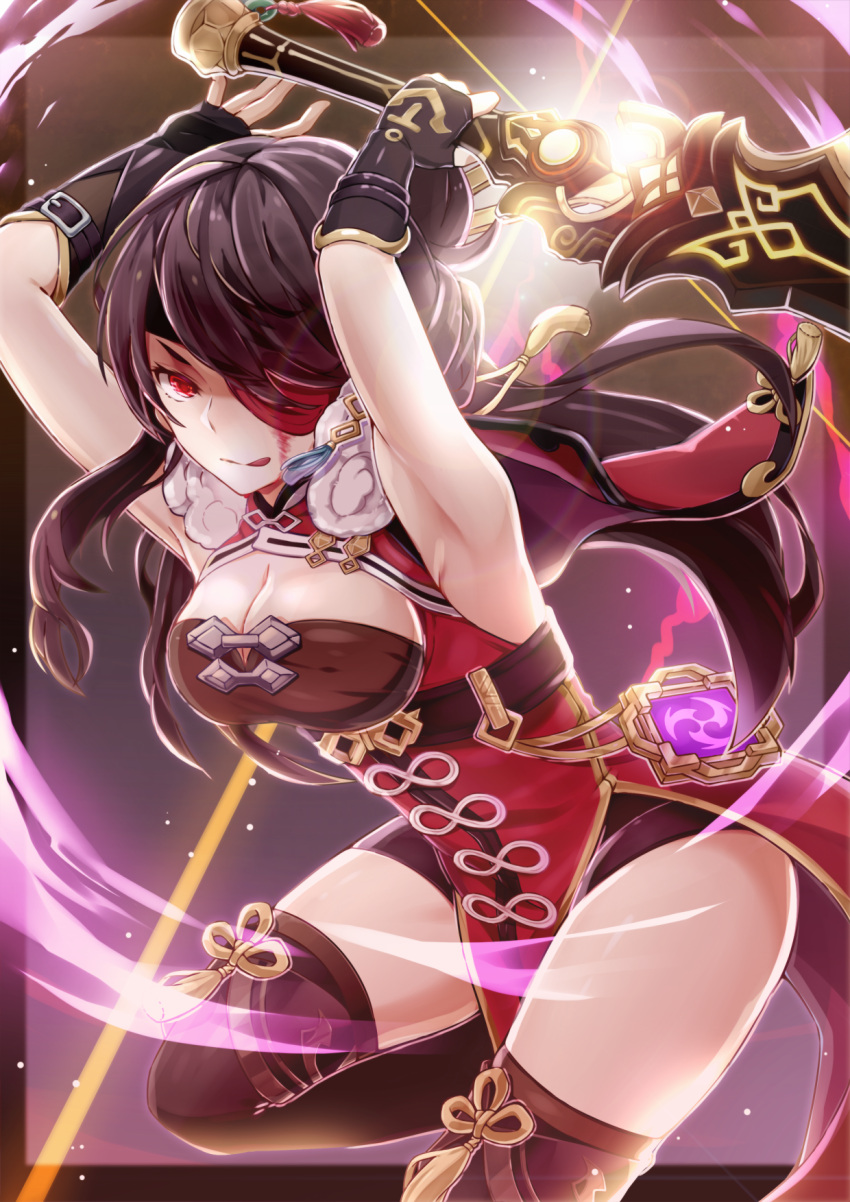 1girl, :q, arm_guards, armpits, arms_up, bangs, beidou_(genshin_impact), belt
