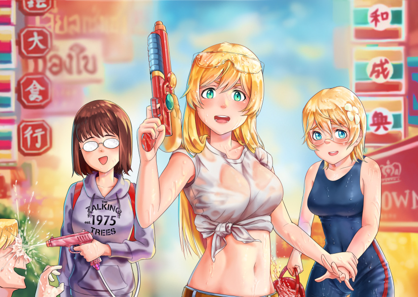 1boy, 3girls, abs, alfred_zimmersmark, anh_thuy, bare_shoulders, belly, blonde_hair