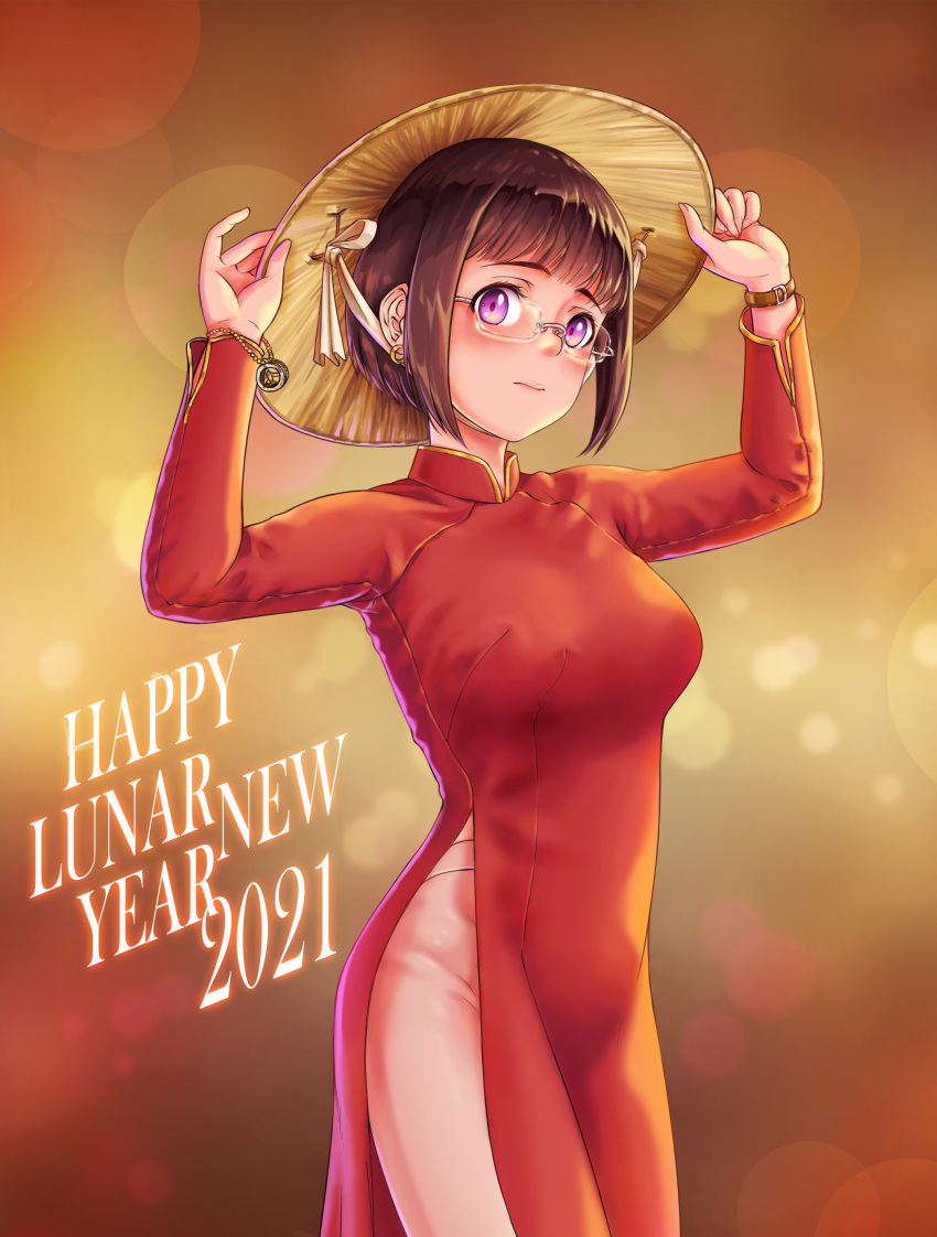 absurdres, anh_thuy, blush, bob_cut, bracelet, breasts, brown_hair, china_dress