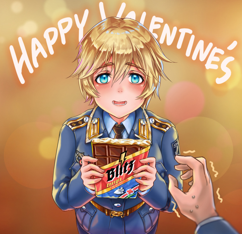 1boy, 1girl, blonde_hair, blue_eyes, blue_jacket, blue_shirt, blush, bob_cut