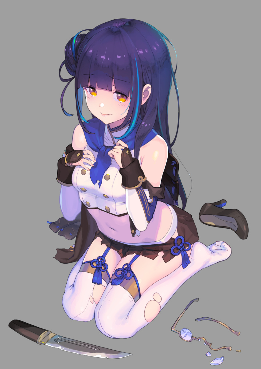 1girl, bangs, black_shoes, blue_neckwear, blunt_bangs, blush, broken_eyewear, brown_skirt
