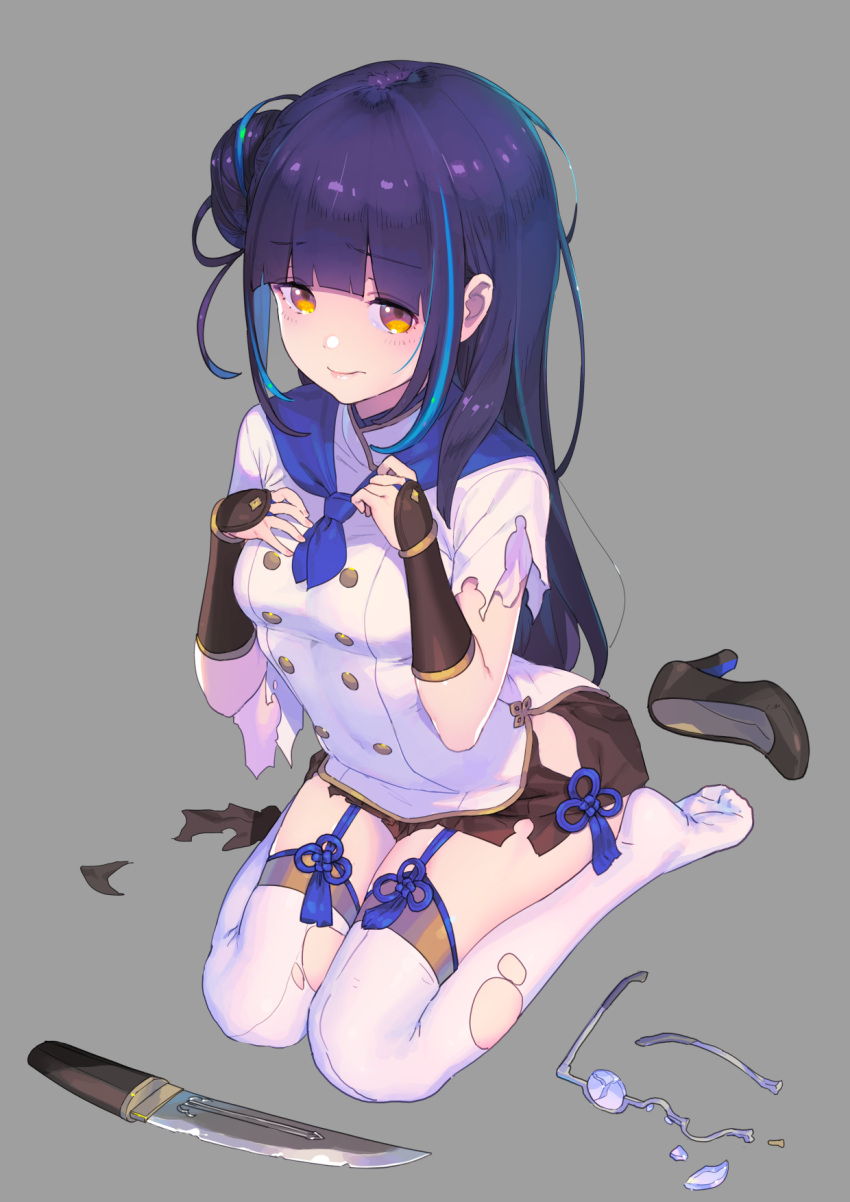 1girl, bangs, black_shoes, blue_neckwear, blunt_bangs, blush, broken_eyewear, brown_skirt