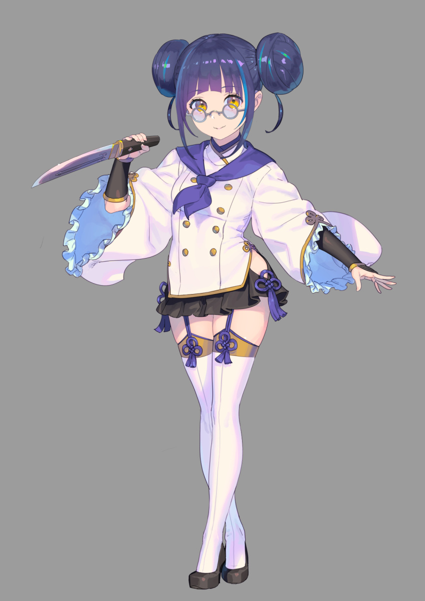 1girl, bangs, black_footwear, blunt_bangs, buttons, closed_mouth, contrapposto, crossed_legs