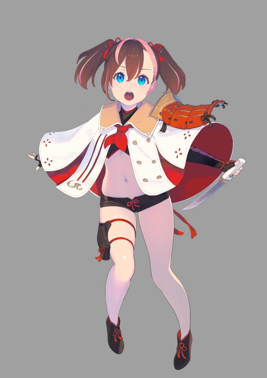 ankle_boots, armor, black_footwear, black_gloves, blue_eyes, boots, brown_hair, capelet