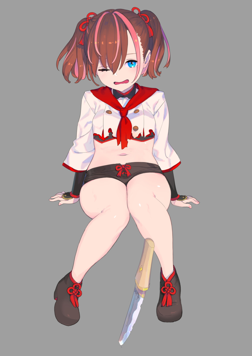 ankle_boots, black_bra, black_footwear, black_shorts, blue_eyes, boots, bra, brown_hair