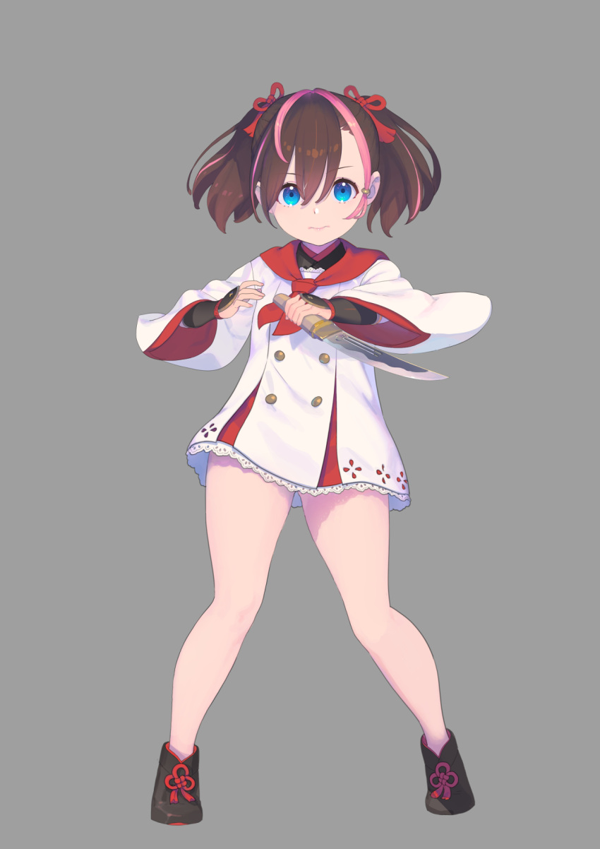 1girl, ankle_boots, black_footwear, blue_eyes, boots, brown_hair, buttons, closed_mouth