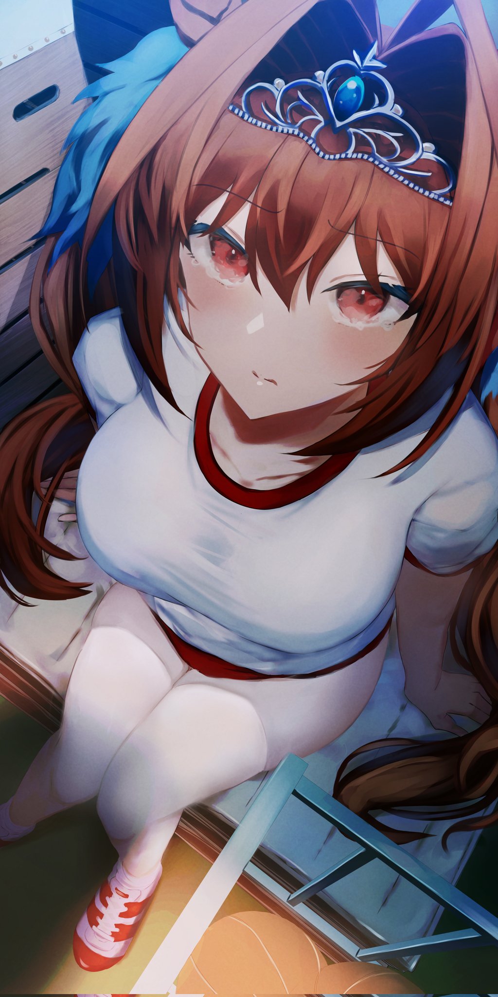 1girl, animal_ears, bangs, bloomers, breasts, brown_eyes, daiwa_scarlet_(umamusume), eyebrows_visible_through_hair