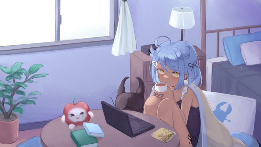 1girl, absurdres, ahoge, bed, black_leotard, black_ribbon, blanket, blue_hair