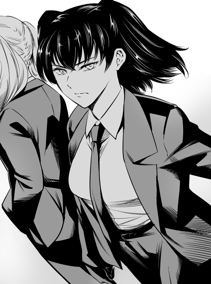 2girls, black_lagoon, character_request, closed_mouth, collared_shirt, formal, greyscale, jacket