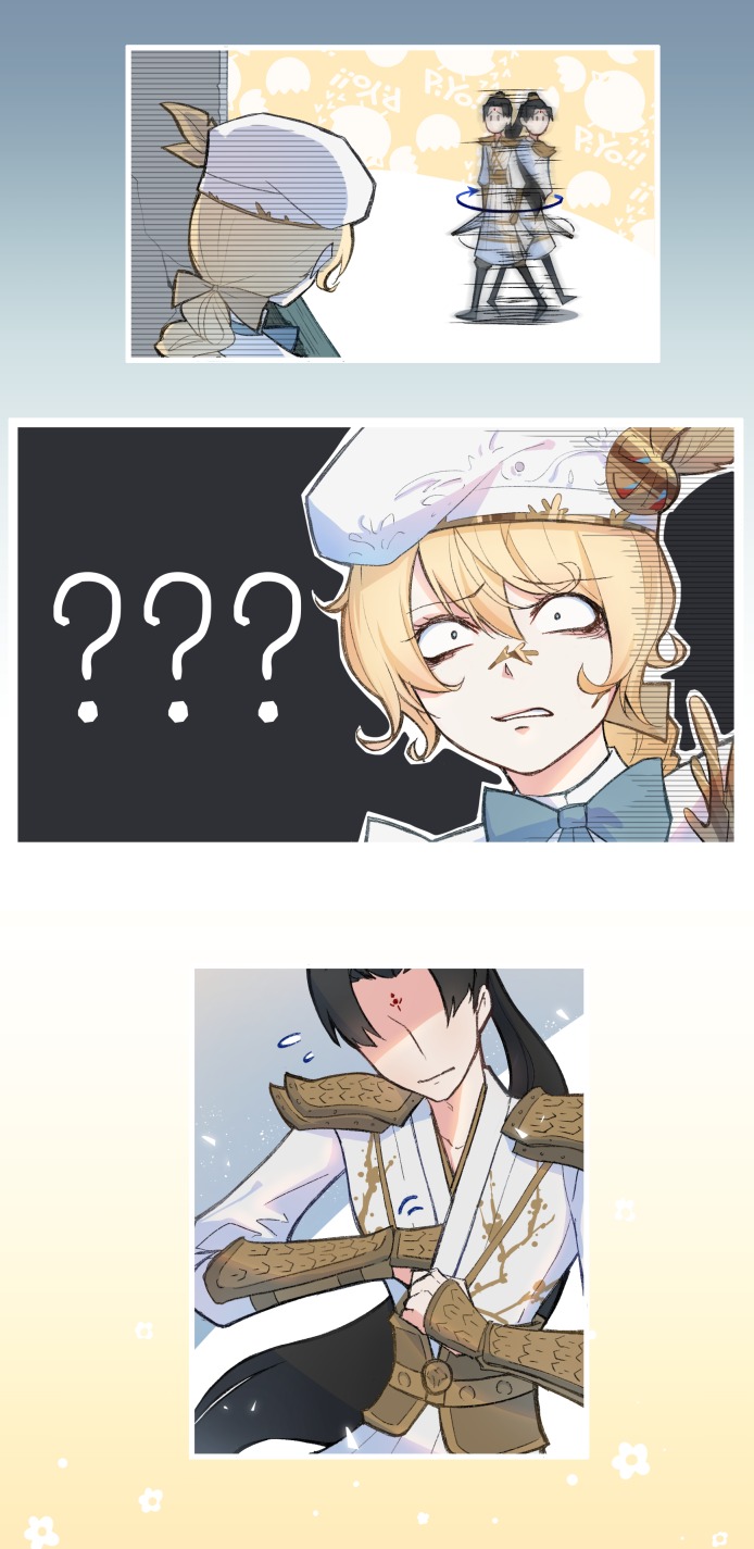 2boys, beret, blonde_hair, blue_eyes, bow, capelet, edgar_valden, frills, hat, highres, identity_v, long_sleeves, multiple_boys, ponytail, shirt, take80328, wu_chang