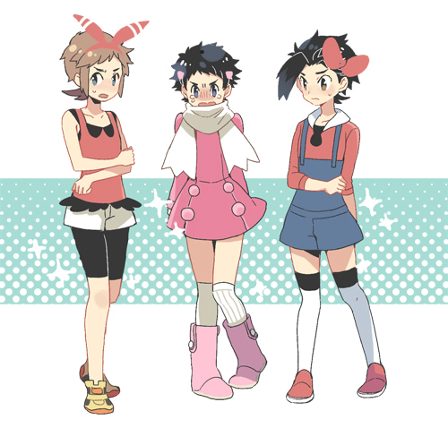 3boys, bike_shorts, bike_shorts_under_shorts, black_hair, boots, bow_hairband, brendan_(pokemon), brown_eyes