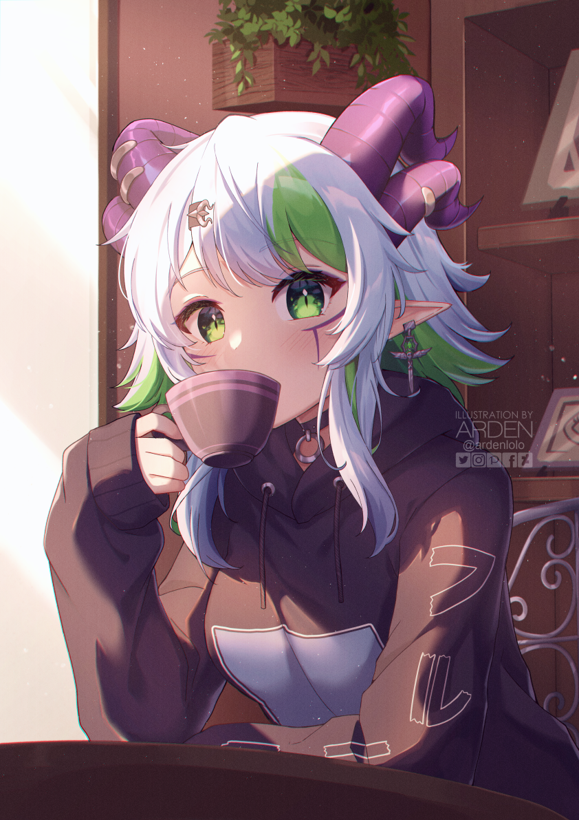 1girl, ardenlolo, artist_name, bangs, black_choker, black_hoodie, blush, bsapricot_(vtuber)