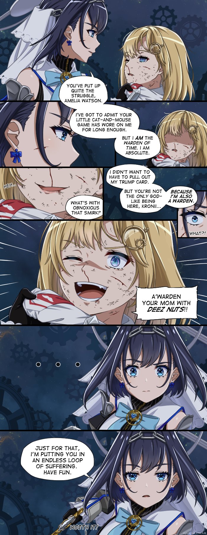 ..., 2girls, annoyed, bangs, blonde_hair, blue_bow, blue_eyes, bow
