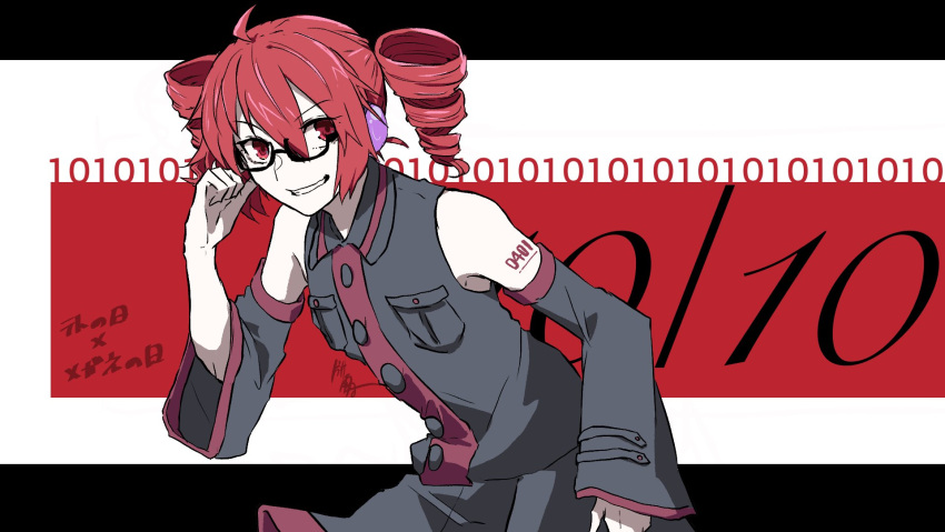 1girl, adjusting_eyewear, ahoge, bare_shoulders, bespectacled, black_shirt, black_skirt, black_sleeves