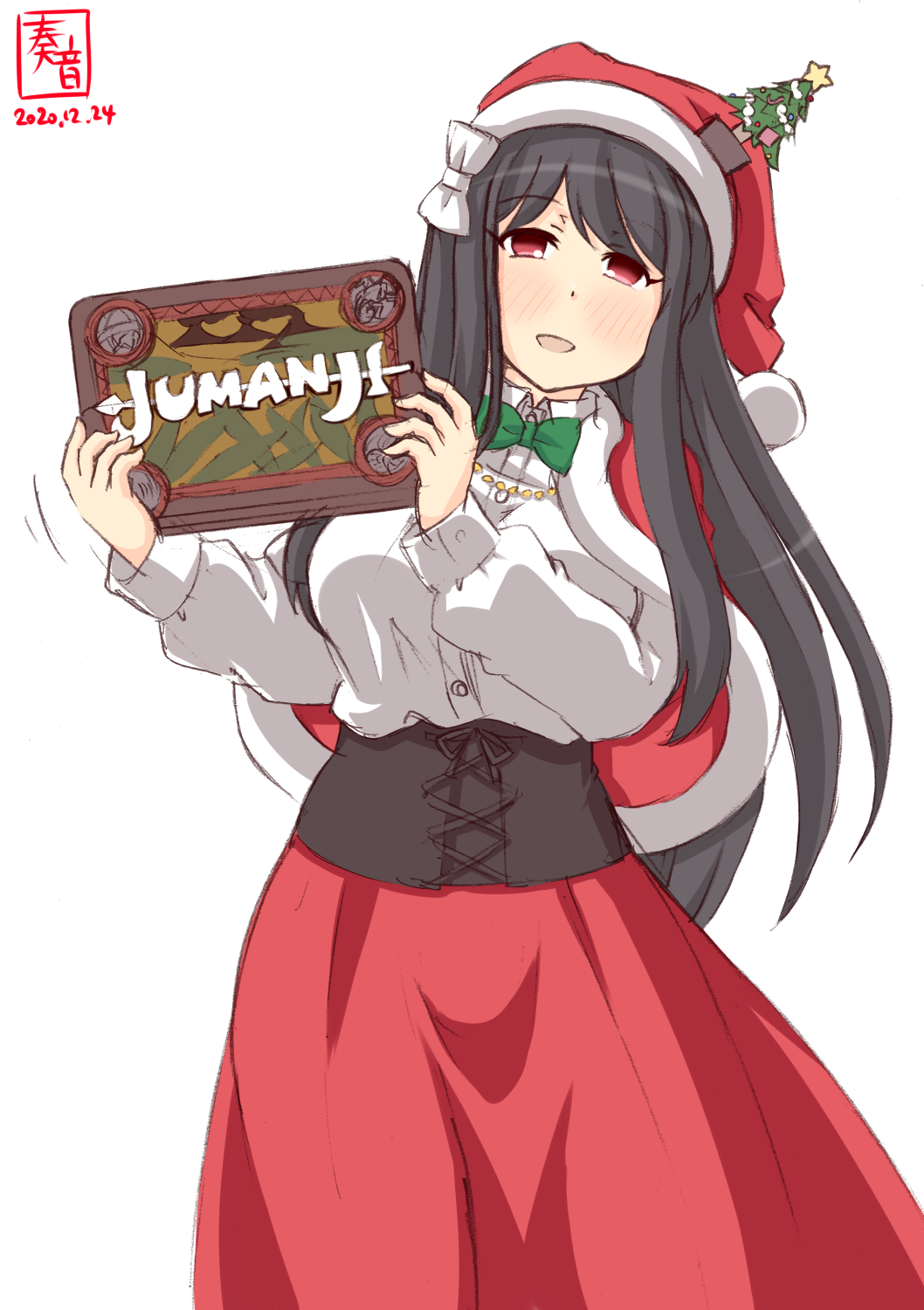 alternate_costume, artist_logo, bell, black_hair, breasts, capelet, christmas, christmas_tree_hair_ornament
