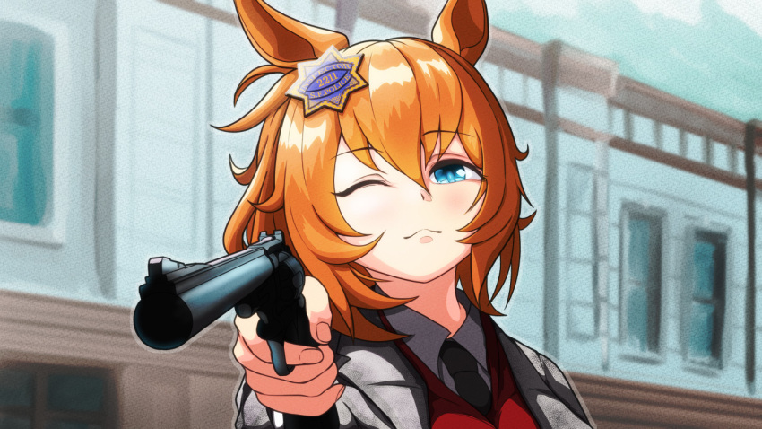 1girl, alternate_costume, animal_ears, bangs, blue_eyes, commentary, cosplay, dirty_harry