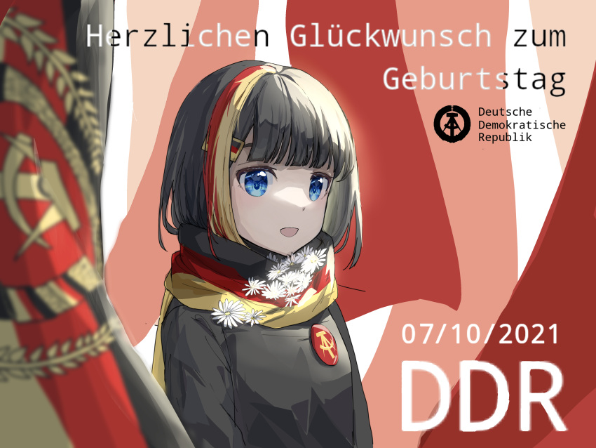 1girl, absurdres, bangs, black_hair, black_jacket, blue_eyes, commentary_request, communism, east_german, east_german_flag, eyebrows_visible_through_hair, german_clothes, german_text, highres, jacket, looking_at_viewer, medium_hair, multicolored, multicolored_clothes, multicolored_scarf, open_mouth, original, personification, phonetik, scarf, solo, upper_body