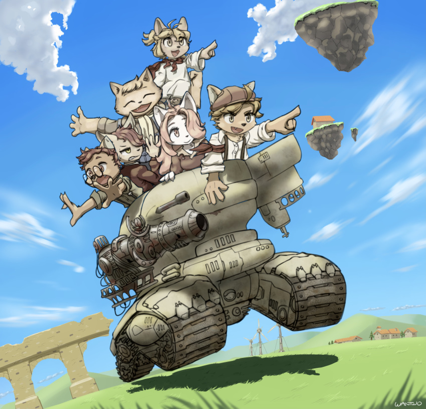 2girls, 4boys, absurdres, ahoge, boron_(senjou_no_fuuga), brown_eyes, cannon, clenched_teeth, closed_eyes, clouds, collared_shirt, ears_through_headwear, floating_island, furry, furry_female, furry_male, glasses, grass, ground_vehicle, hanna_(senjou_no_fuuga), highres, kyle_(senjou_no_fuuga), little_tail_bronx, long_hair, malt_(senjou_no_fuuga), mei_(senjou_no_fuuga), military, military_vehicle, motor_vehicle, multiple_boys, multiple_girls, notched_ear, open_hands, open_mouth, outstretched_arms, pointing, red_armband, ruins, scarf, senjou_no_fuuga, shirt, short_hair, signature, sky, smile, socks_(senjou_no_fuuga), suspenders, tank, taranis_(senjou_no_fuuga), teeth, village, wantwo, windmill, yellow_eyes, yellow_scarf