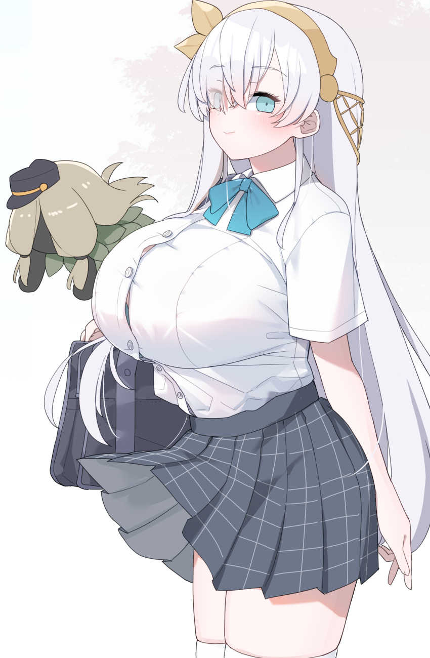 1girl, absurdres, akitokage01, anastasia_(fate), aqua_eyes, aqua_neckwear, black_skirt, blush