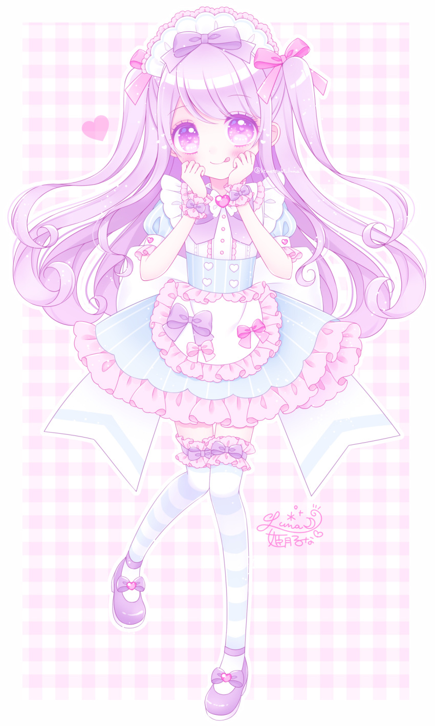 1girl, :p, apron, bangs, blue_skirt, blush, closed_mouth, collared_shirt