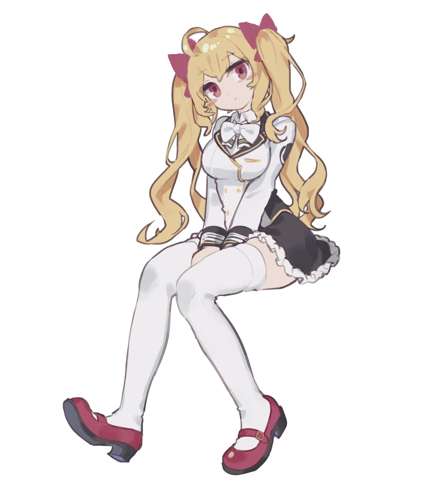 1girl, ahoge, black_skirt, blazer, blonde_hair, bow, breasts, collared_shirt