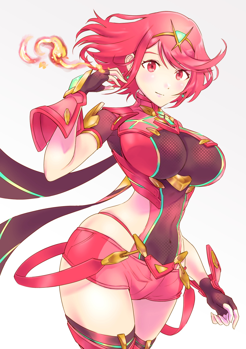 1girl, absurdres, bangs, black_gloves, breasts, chest_jewel, earrings, fingerless_gloves, gloves, highres, jewelry, large_breasts, pyra_(xenoblade), red_eyes, red_legwear, red_shorts, redhead, short_hair, short_shorts, shorts, solo, swept_bangs, thigh-highs, tiara, ug333333, xenoblade_chronicles_(series), xenoblade_chronicles_2