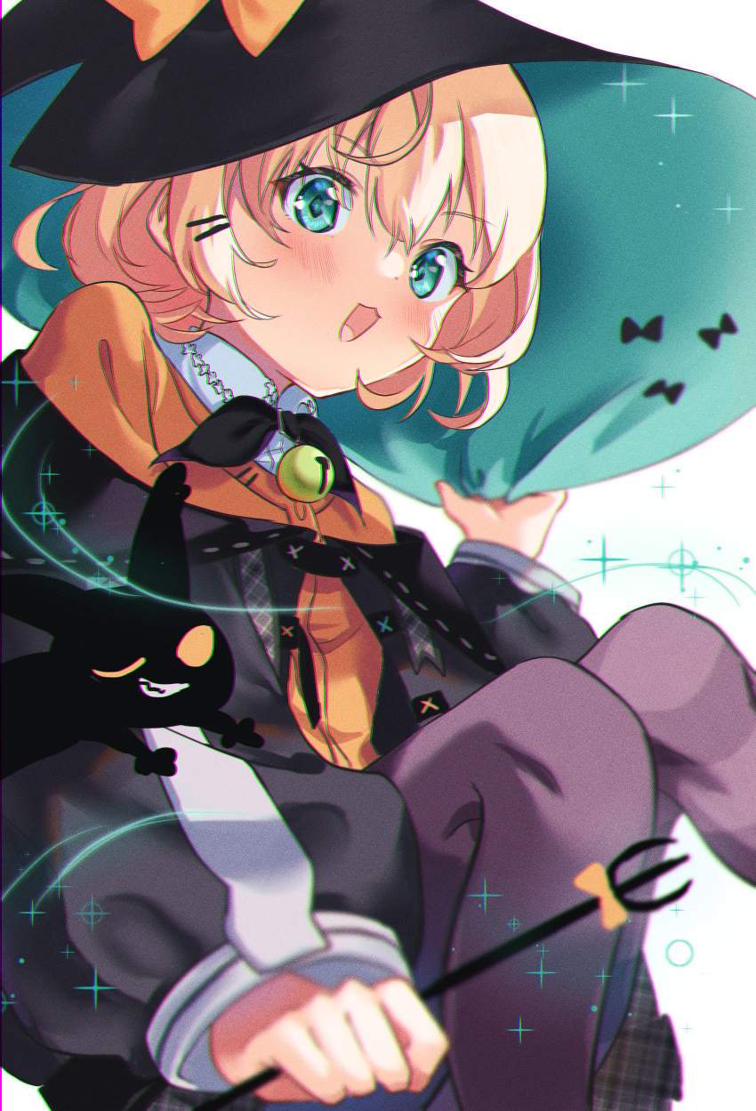 1girl, :3, absurdres, aqua_eyes, bangs, bell, black_headwear, black_jacket