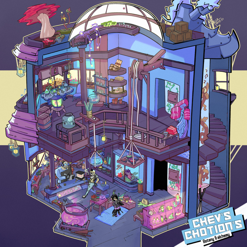 absurdres, alchemy, barrel, black_hair, box, building, cashier, cauldron