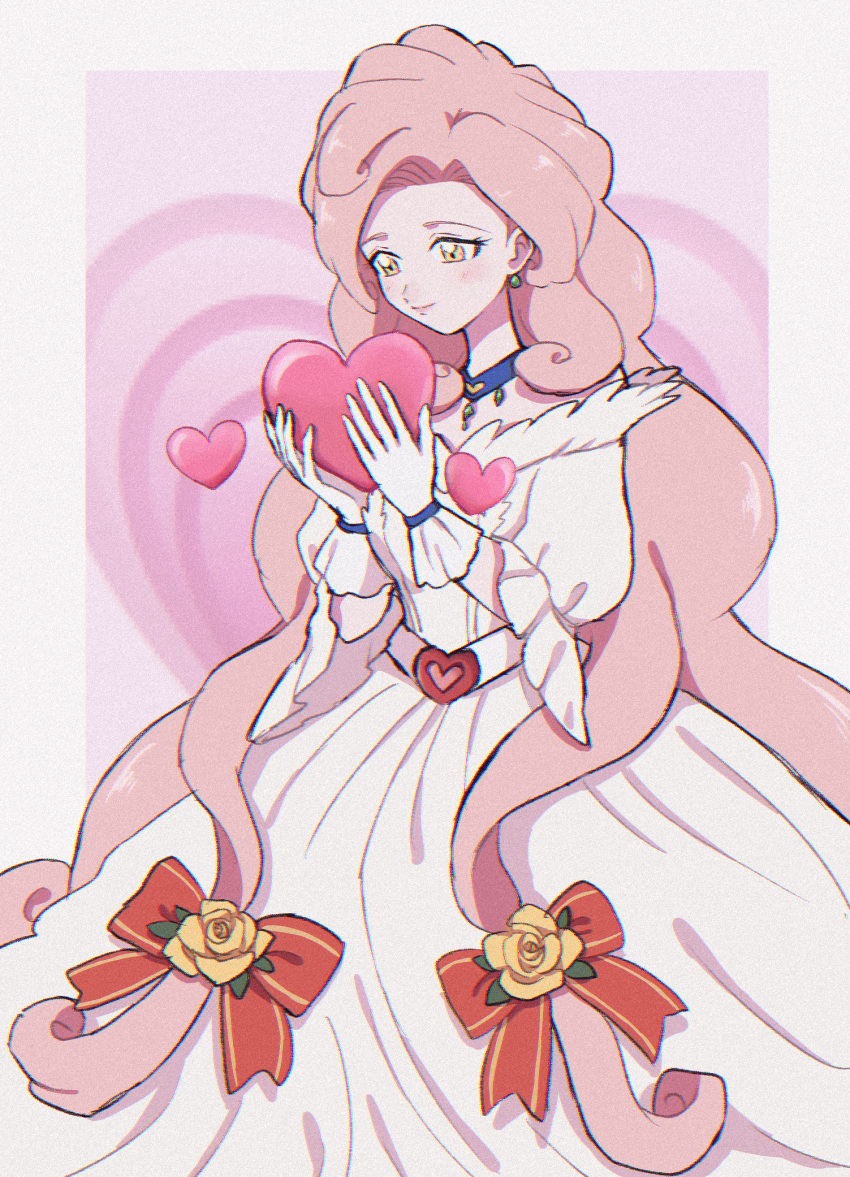 1girl, back_arrow, blush, bow, dress, earrings, fine_forte, flower