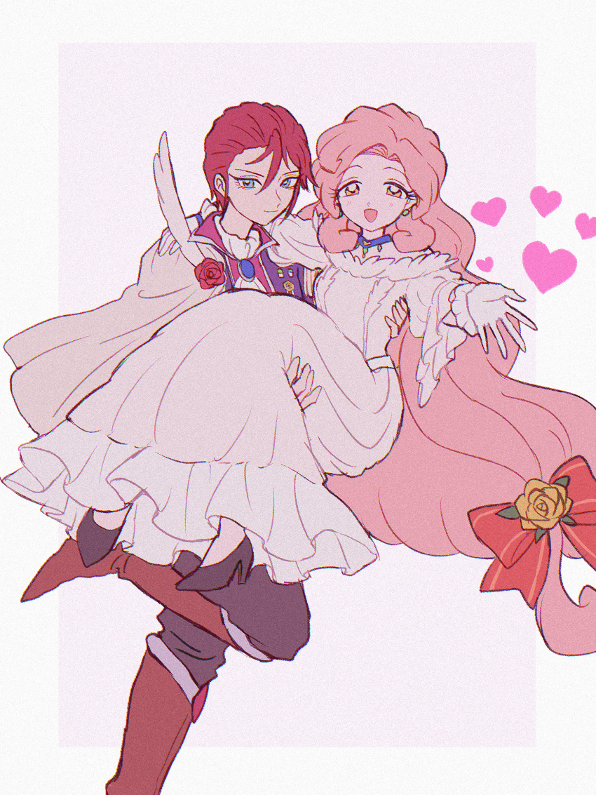 2girls, :d, arm_around_shoulder, back_arrow, blue_eyes, boots, bow, brooch