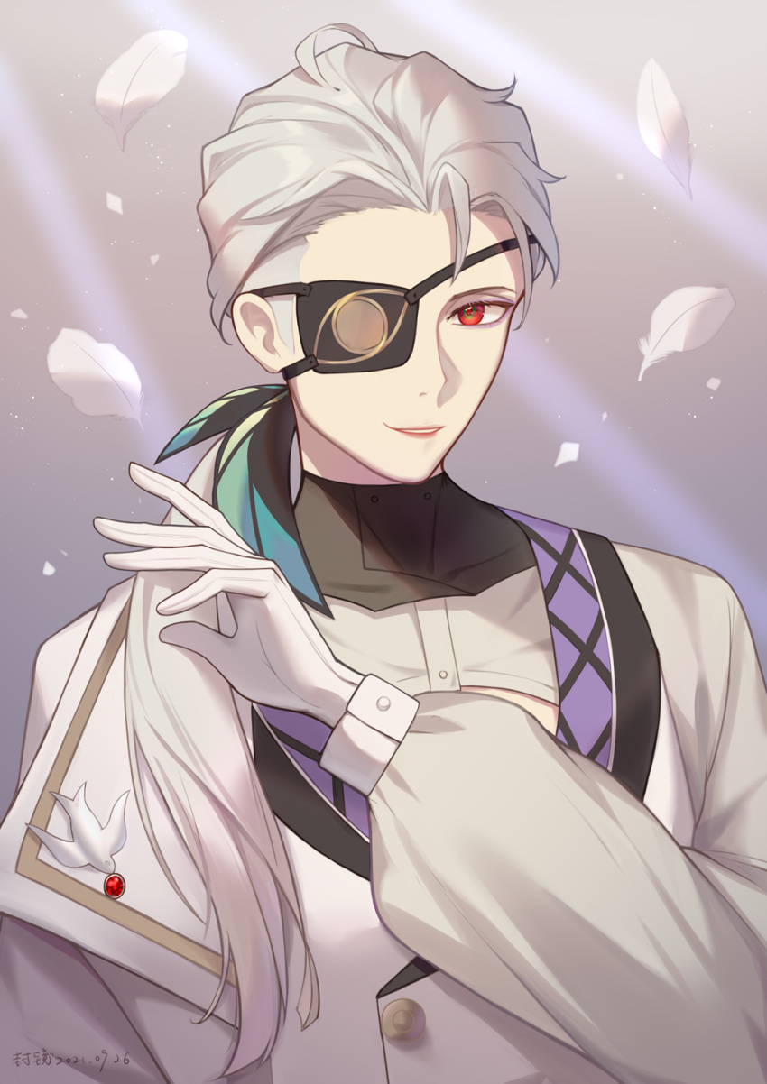 1boy, dimitri_romanee, eyepatch, gloves, grey_hair, highres, lapel_pin, leaf