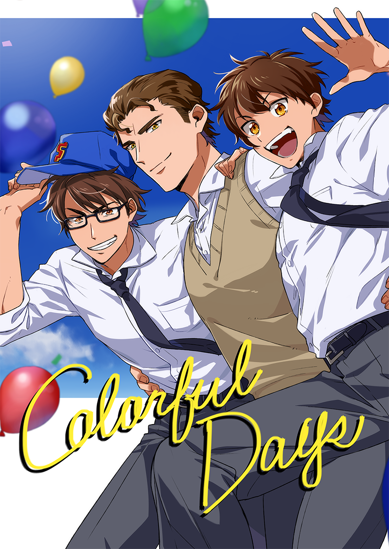 3boys, :d, ace_of_diamond, arms_around_waist, balloon, baseball_cap, black-framed_eyewear, brown_eyes
