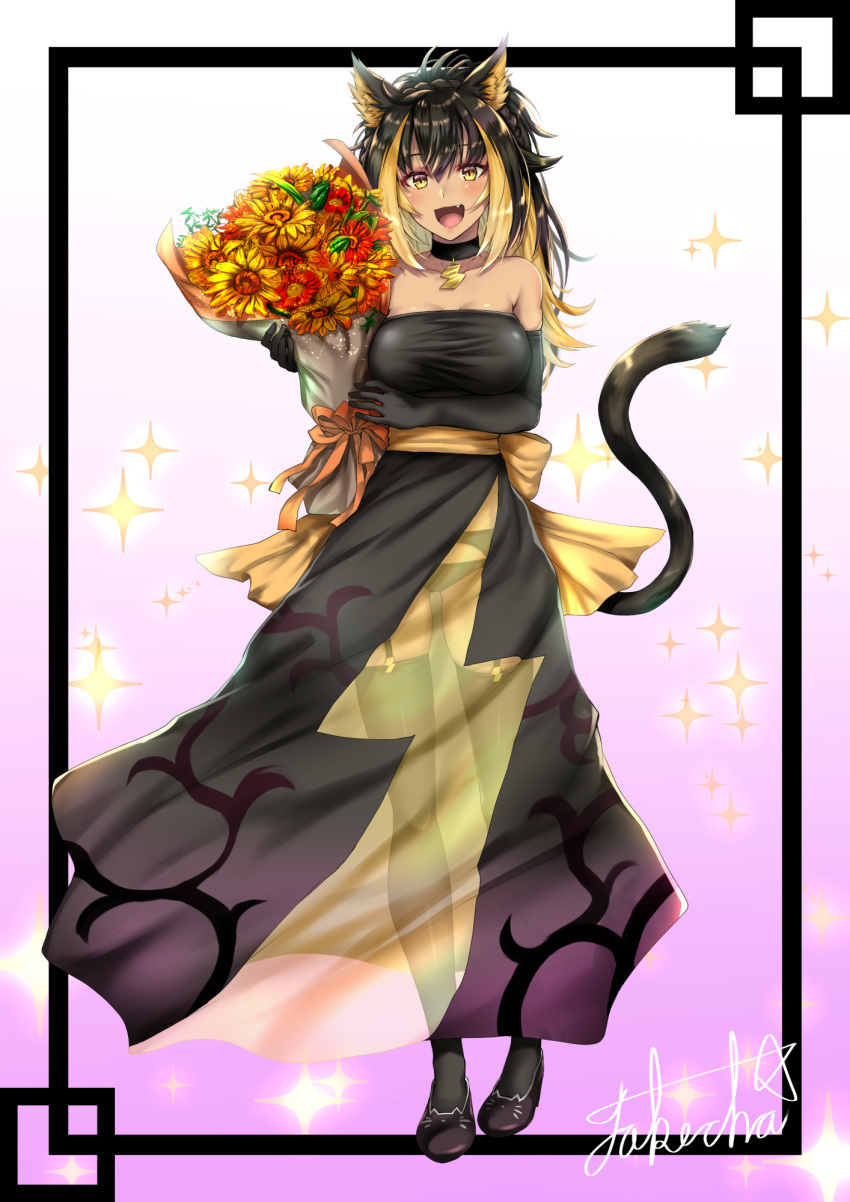 1girl, alternate_costume, animal_ears, arm_under_breasts, bangs, bare_shoulders, black_choker, black_dress