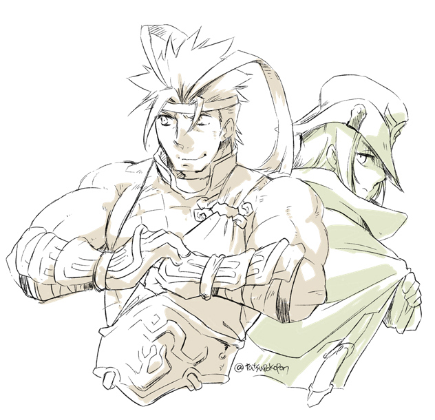 2boys, antenna_hair, artist_name, bangs, barak_(world_flipper), bare_shoulders, belt, biceps