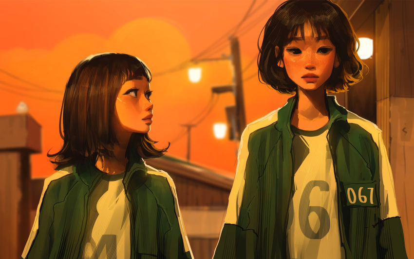 2girls, bag, bangs, black_hair, brown_hair, closed_mouth, collarbone, commentary