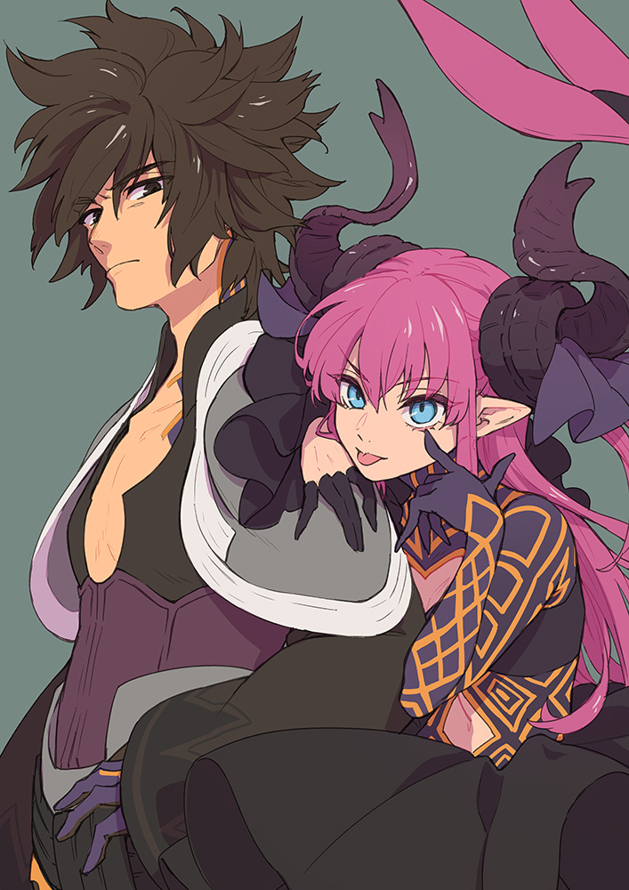 1boy, 1girl, archimedes_(fate), blue_eyes, brown_eyes, brown_hair, elizabeth_bathory_(corroded), elizabeth_bathory_(fate), eyebrows_visible_through_hair, fate/extella, fate/extra, fate_(series), gloves, grey_background, hair_between_eyes, horns, isshoku_(shiki), long_hair, looking_at_viewer, navel, pink_hair, pointy_ears, simple_background, tail, tongue, tongue_out
