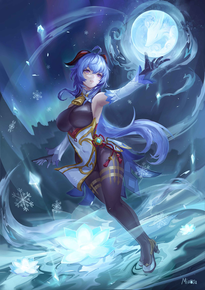 1girl, absurdres, ahoge, bell, blue_hair, bodystocking, breasts, chinese_clothes, cowbell, cryokinesis, floating_hair, full_body, ganyu_(genshin_impact), genshin_impact, goat_horns, high_heels, highres, horns, ice, large_breasts, looking_up, miaosu, neck_bell, night, night_sky, outstretched_arms, parted_lips, pelvic_curtain, sky, snowflakes, solo, tassel, violet_eyes, white_footwear