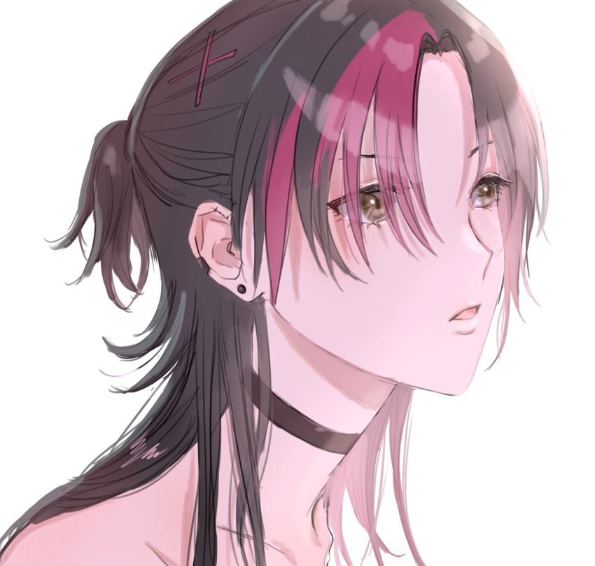 1boy, bangs, black_choker, black_hair, brown_eyes, choker, earrings, eyebrows_visible_through_hair
