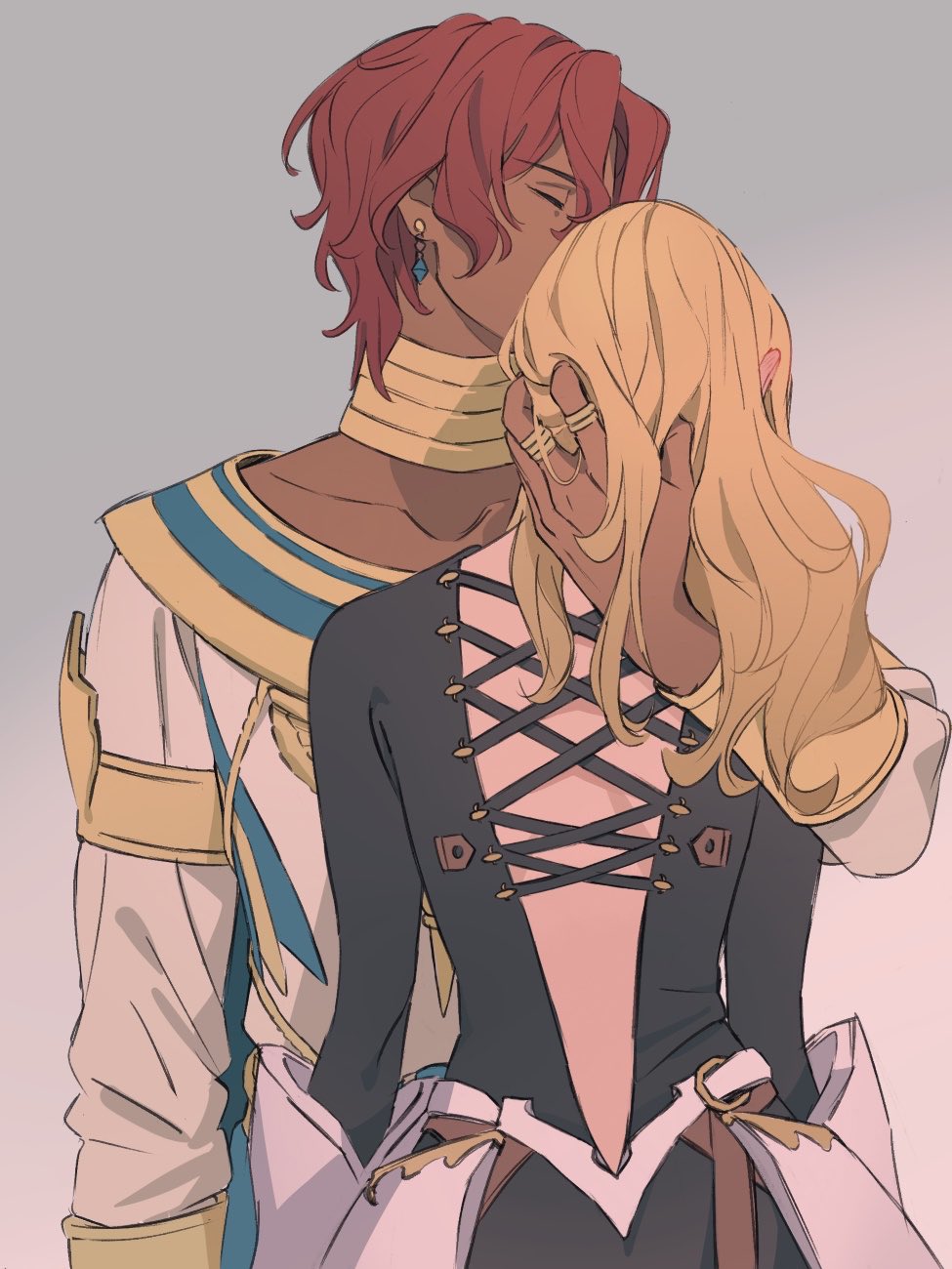 1boy, 1girl, armor, back, back_cutout, bangs, black_bodysuit, blonde_hair, bodysuit, clothing_cutout, couple, dark-skinned_male, dark_skin, dohalim_(tales), earrings, faceless, faceless_female, forehead_kiss, from_behind, hand_on_another's_head, hetero, highres, holding, interracial, jewelry, kisara_(tales), kiss, long_hair, redhead, short_hair, tales_of_(series), tales_of_arise, yuue0925