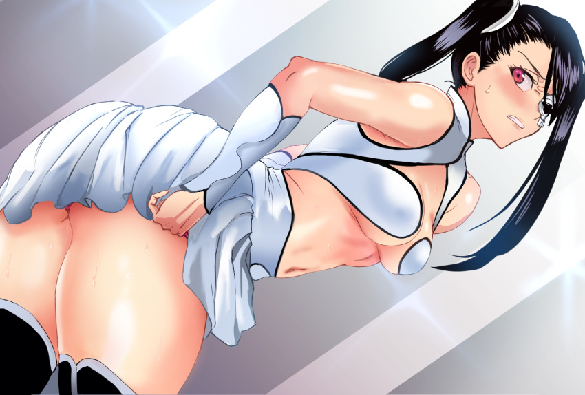 1girl, arrancar, ass, asymmetrical_bangs, bangs, black_hair, bleach, blush, breasts, clothes_lift, daraz18aka, highres, loly_aivirrne, looking_at_viewer, looking_back, medium_breasts, navel, pleated_skirt, red_eyes, skirt, skirt_lift, solo, stomach, thigh-highs, two_side_up, white_skirt