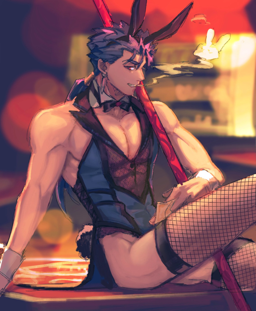 1boy, alternate_costume, animal_ears, bare_shoulders, beads, biceps, blue_hair, bow, bowtie, cu_chulainn_(fate), cu_chulainn_(fate/stay_night), cuffs, detached_collar, earrings, fate/stay_night, fate_(series), fishnets, gae_bolg_(fate), grin, hair_beads, hair_ornament, highres, holding, holding_polearm, holding_weapon, jewelry, long_hair, male_focus, male_playboy_bunny, muscular, muscular_male, ojitaro12, pectorals, polearm, ponytail, rabbit_ears, rabbit_tail, red_eyes, skin_tight, smile, smoking, solo, spiky_hair, tail, thigh-highs, weapon